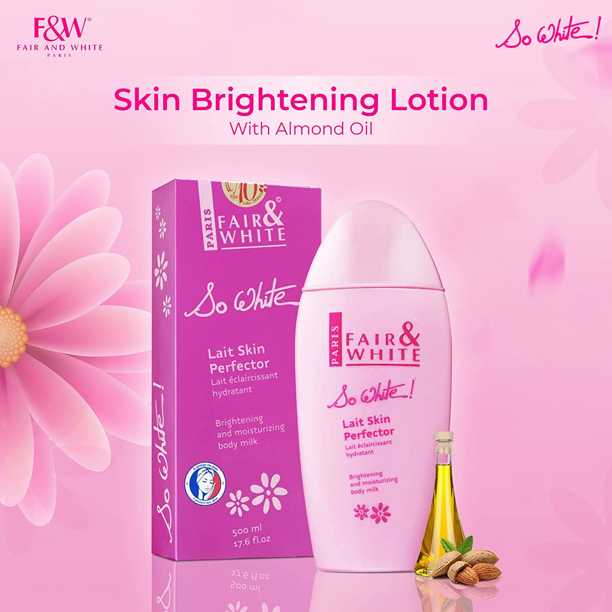 Fair & White So White, Brightening Lotion | 500ml / 17.6 fl oz | Hyperpigmentation Treatment, Dark Spot Remover for Body, Knees, Elbows, Armipts | with Almond Oil fair and white