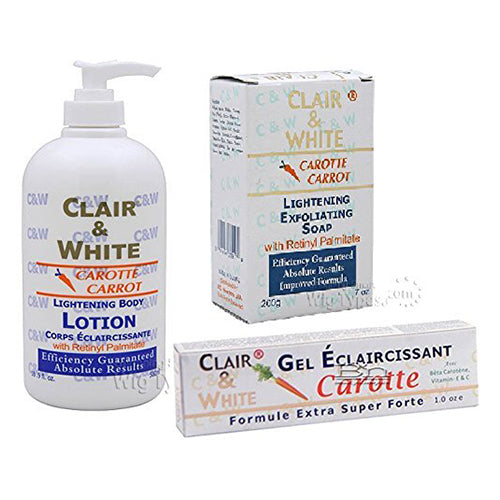 Clair & White CARROT LighteningTRIPLE COMBO (Body Lotion, Exfoliating Soap, and Lightening Gel) Clair and white