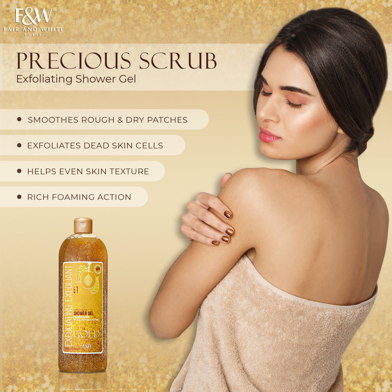 Fair & White Gold Exfoliating Shower Gel scrub NEW - Invigorates skin - 940ml / 31.8 fl oz